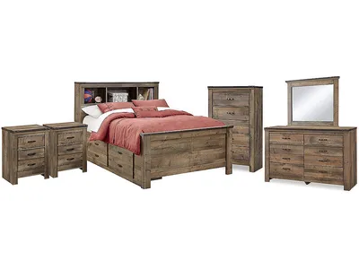 Trinell Full Bookcase Storage Bed, Dresser, Mirror, Chest and 2 Nightstands