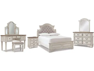 Realyn Full Panel Bed, Dresser, Mirror, 3-Piece Vanity and Nightstand