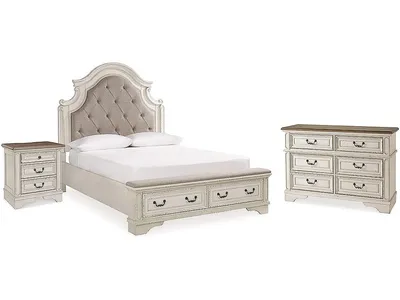 Realyn Queen Upholstered Panel Bed with Storage, Dresser and Nightstand