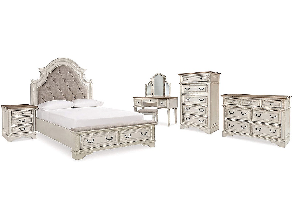 Realyn Queen Upholstery Panel Bed, Dresser, Chest, Nightstand, and Vanity Set - main image