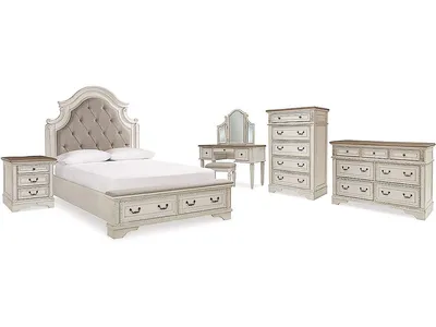 Realyn Queen Upholstery Panel Bed, Dresser, Chest, Nightstand, and Vanity Set