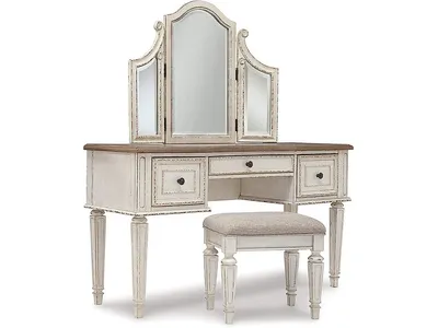 Realyn Queen Upholstery Panel Bed, Dresser, Chest, Nightstand, and Vanity Set