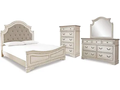 Realyn King Panel Upholstered Bed, Dresser, Mirror and Chest