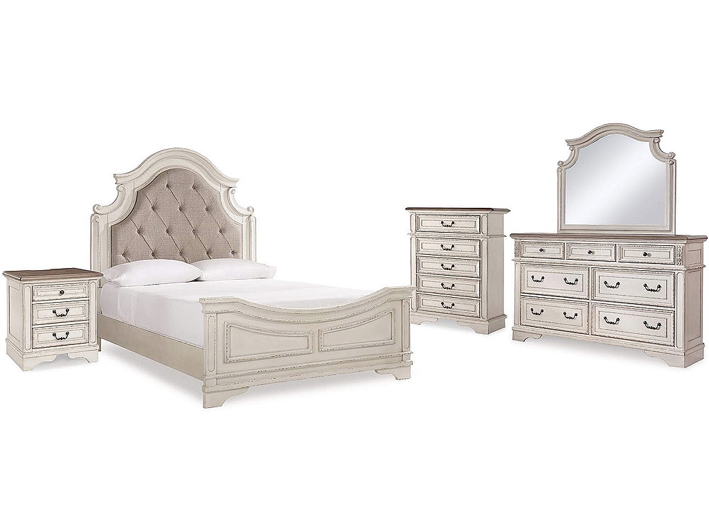 Realyn Queen Upholstered Panel Bed, Dresser, Mirror, Chest and Nightstand - main image