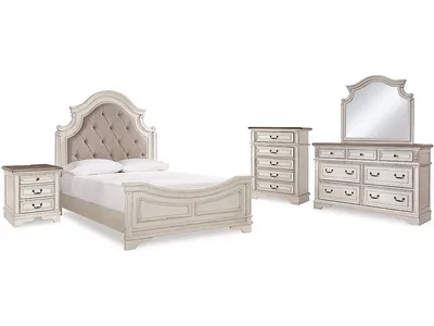 Realyn Queen Upholstered Panel Bed, Dresser, Mirror, Chest and Nightstand
