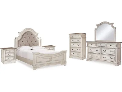Realyn Queen Upholstered Panel Bed, Dresser, Mirror, Chest and 2 Nightstands