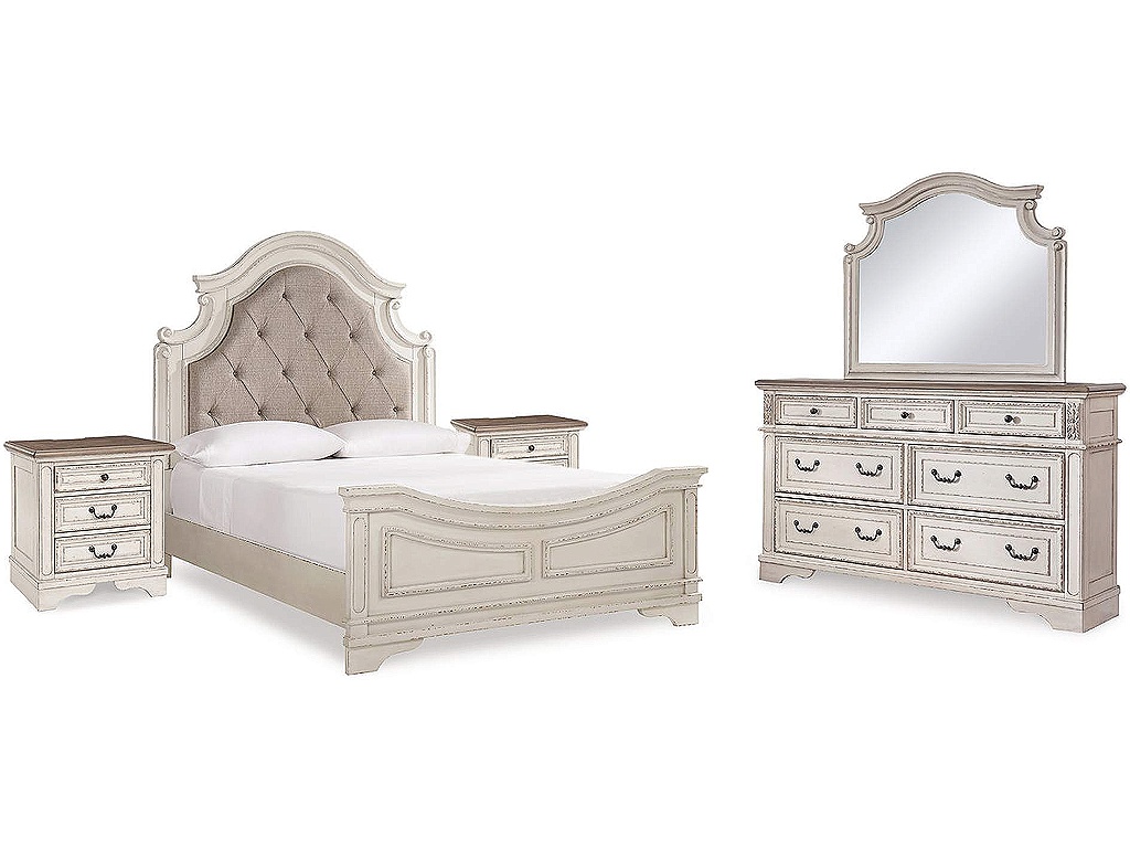 Realyn Queen Upholstered Panel Bed, Dresser, Mirror and 2 Nightstands - main image
