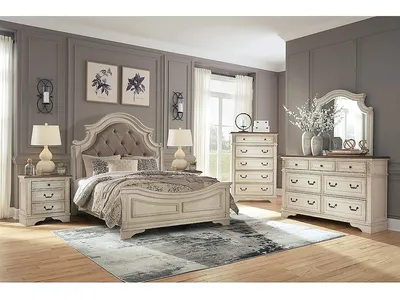 Realyn Queen Upholstered Panel Bed, Dresser, Mirror, Chest and 2 Nightstands