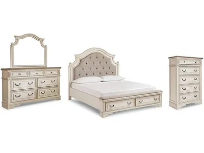 Realyn California King Upholstered Bed, Dresser, Mirror and Chest