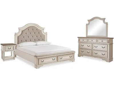 Realyn King Storage Bed, Dresser, Mirror and Nightstand
