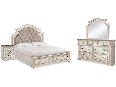 Realyn King Upholstered Panel Bed, Dresser, Mirror and Nightstand