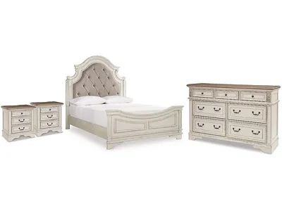 Realyn Queen Upholstered Panel Bed, Dresser and 2 Nightstands