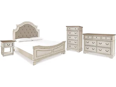 Realyn King Upholstered Panel Bed, Dresser, Chest and Nightstand