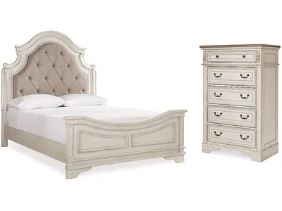 Realyn Queen Upholstered Panel Bed and Chest