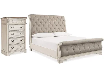 Realyn Queen Upholstered Sleigh Bed and Chest