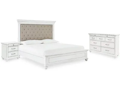 Kanwyn Queen Upholstered Panel Bed, Dresser, and Nightstand