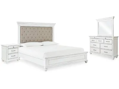 Kanwyn Queen Upholstered Panel Bed, Dresser, Mirror, and Nightstand