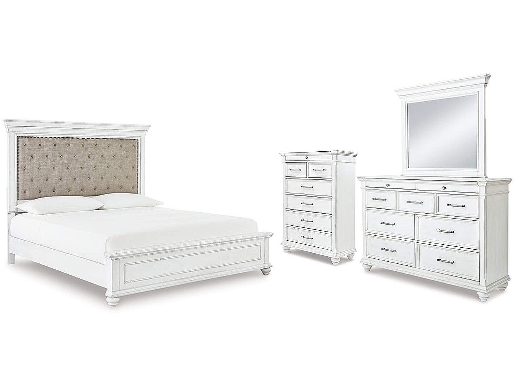 Kanwyn Cal King Upholstered Panel Bed, Dresser, Mirror and Chest - main image
