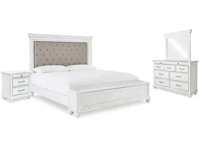 Kanwyn King Upholstered Storage Bed, Dresser, Mirror and Nightstand