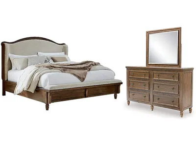 Sturlayne Queen Upholstered Panel Bed, Dresser and Mirror