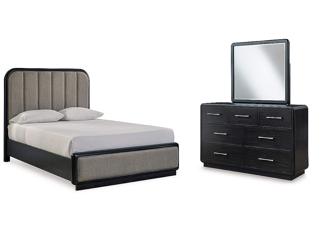 Rowanbeck Queen Upholstered Panel Bed, Dresser and Mirror - main image