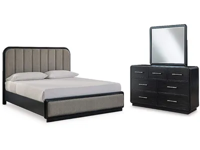 Rowanbeck King Upholstered Panel Bed, Dresser and Mirror