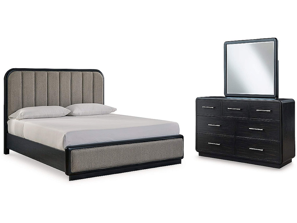 Rowanbeck California King Upholstered Panel Bed, Dresser and Mirror - main image