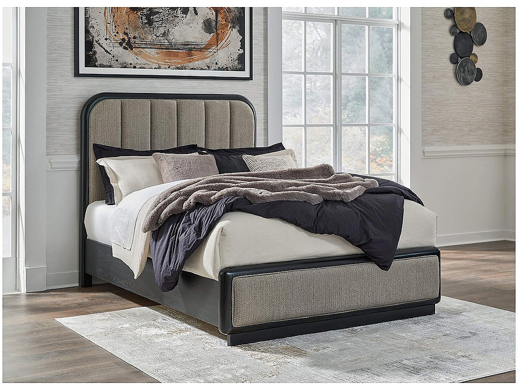 Rowanbeck Queen Upholstered Panel Bed, Dresser and Mirror - image 8