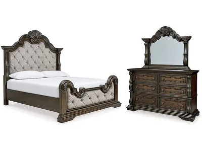 Maylee Queen Upholstered Bed, Dresser and Mirror