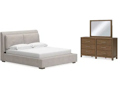 Cabalynn California King Upholstered Bed, Dresser and Mirror