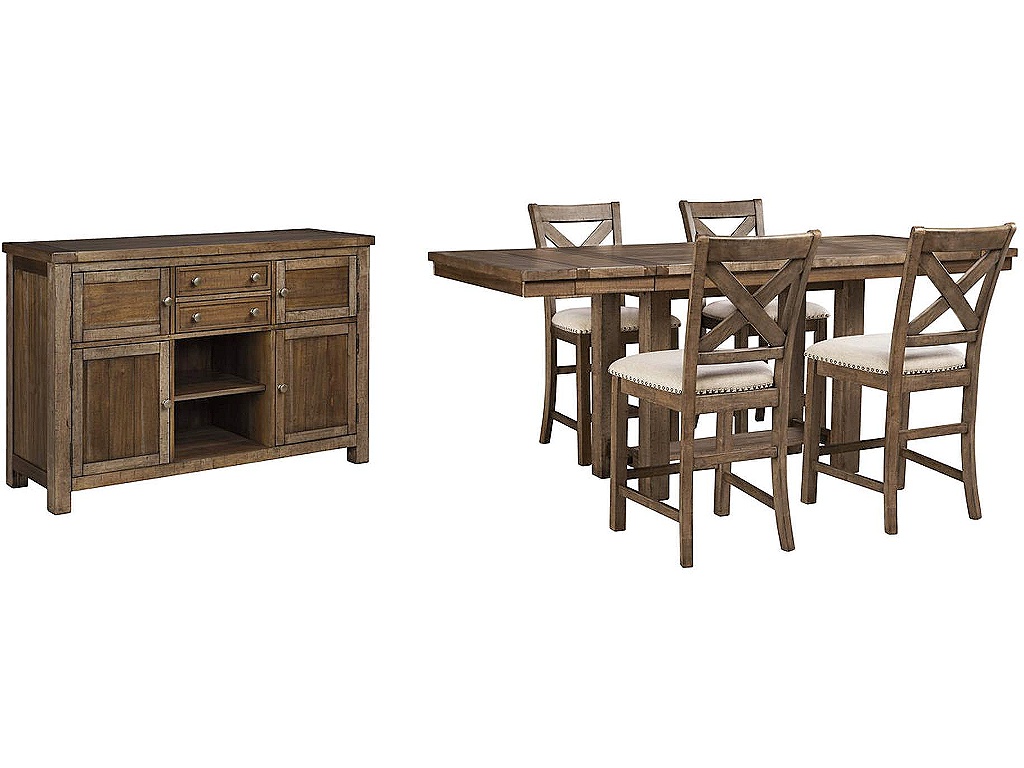 Moriville Counter Height Dining Table, 4 Barstools and Server - main image