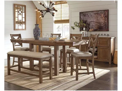 Moriville Counter Height Dining Table with 4 Barstools, Bench, and Server