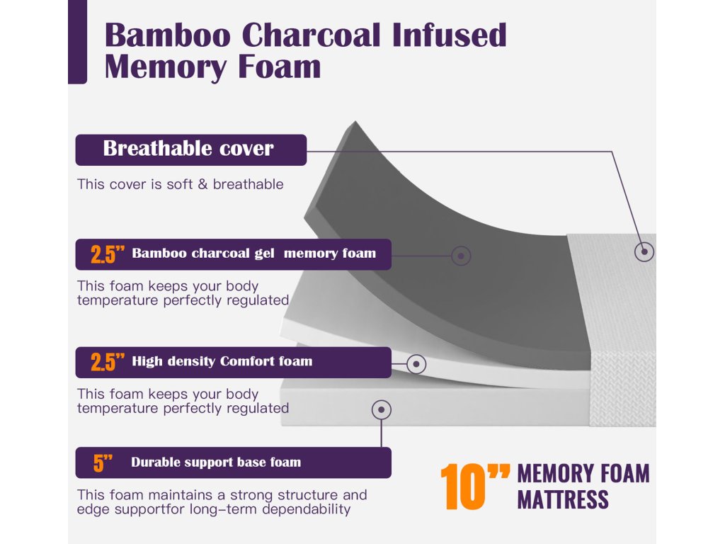 10" Queen Bamboo Charcoal Infused Memory Foam - image 3