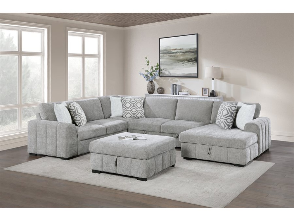 Ritchie - 4Pc Sectional W /  Pop Up Sleeper Loveseat, Storage Chaise & 6 Pillows - Gray - image 15