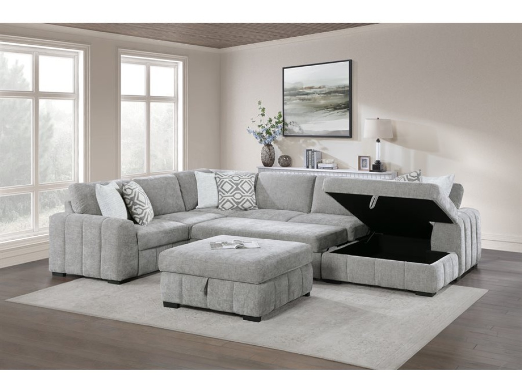 Ritchie - 4Pc Sectional W /  Pop Up Sleeper Loveseat, Storage Chaise & 6 Pillows - Gray - image 16