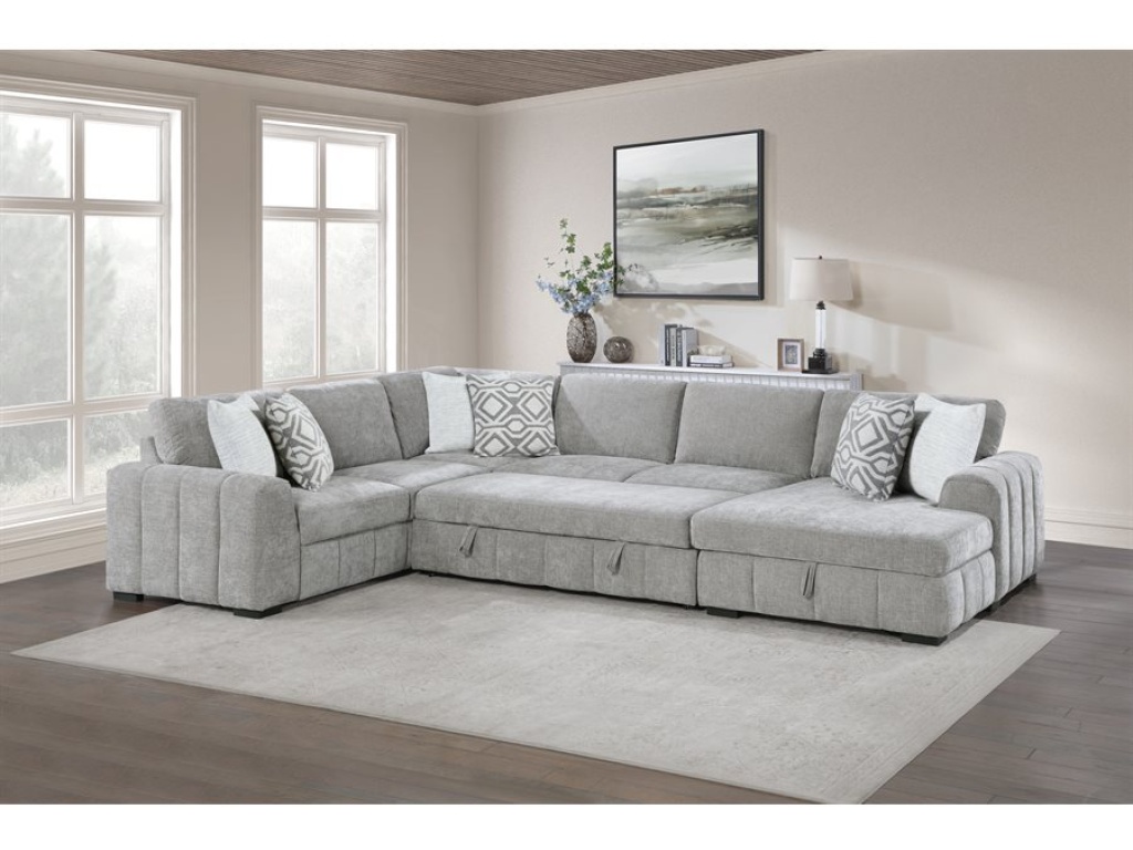 Ritchie - 4Pc Sectional W /  Pop Up Sleeper Loveseat, Storage Chaise & 6 Pillows - Gray - image 17