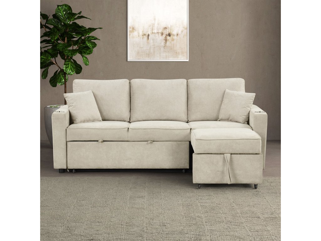Sleeper Sofa Sectional w/ Cupholder, Beige - image 1