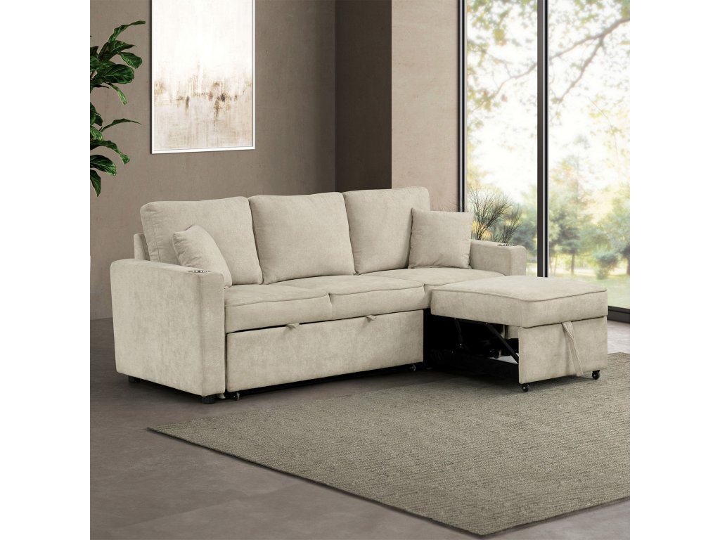 Sleeper Sofa Sectional w/ Cupholder, Beige - image 2