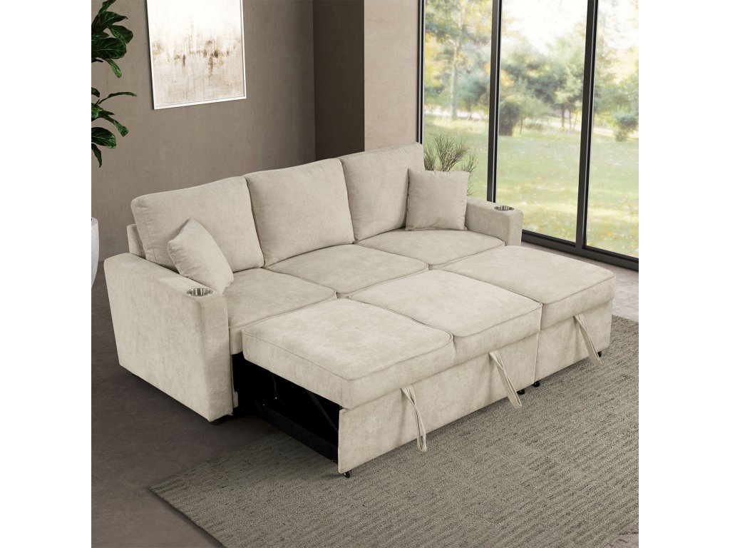 Sleeper Sofa Sectional w/ Cupholder, Beige - image 3
