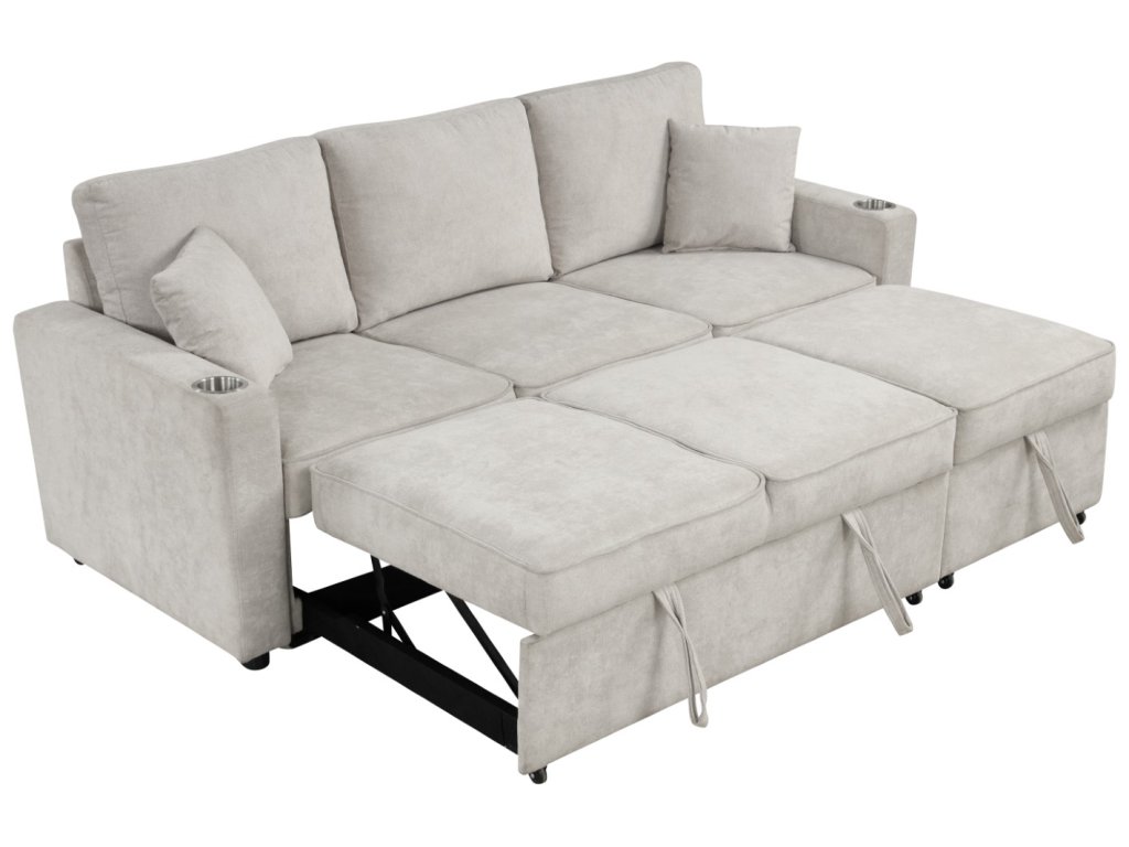 Sleeper Sofa Sectional w/ Cupholder, Beige - image 8