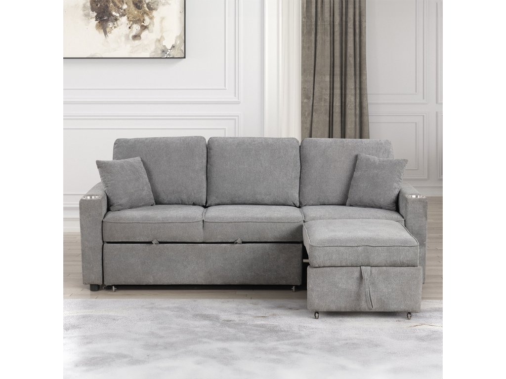 Sleeper Sofa Sectional w/ Cupholder, Gray - image 2
