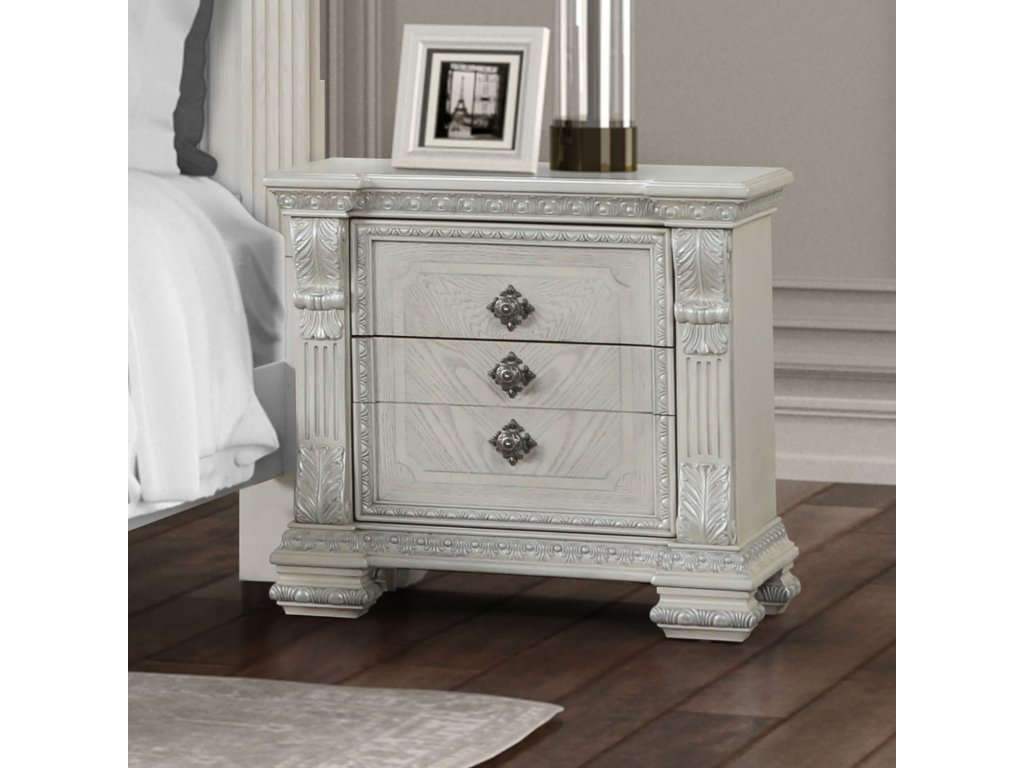 Nightstand w/ Hidden Drawer USB A-C, Wire Brushed White - main image