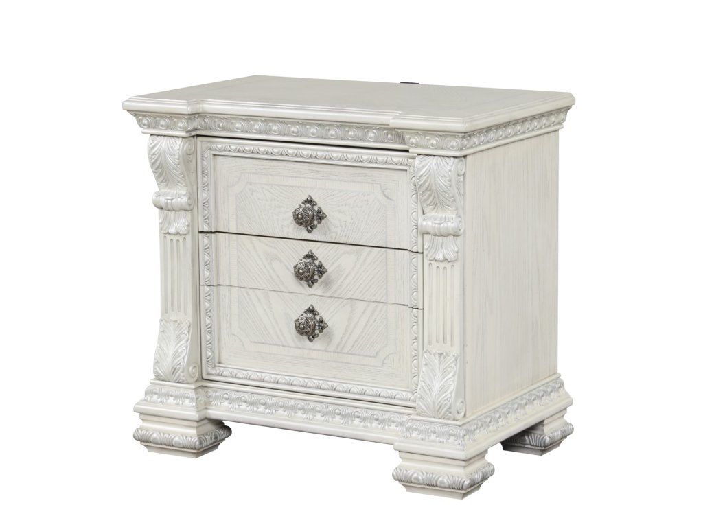 Nightstand w/ Hidden Drawer USB A-C, Wire Brushed White - image 3