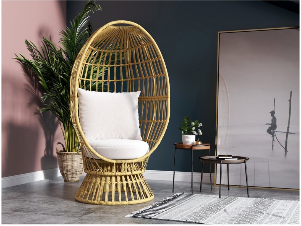 Outdoor Swivel Basket Chair-Tan Wicker  /  Grey Fabric - image 4