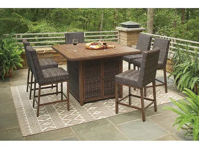 Paradise Trail Outdoor Bar Fire Pit Table with 6 Barstools