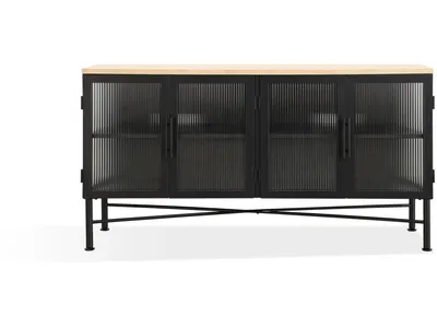 Aere Four Door Ribbed Glass, Metal and Wood Sideboard in Natural Ash and Black