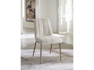 Apollo Upholstered Dining Chair in Ricotta Boucle and Brushed Bronze Metal