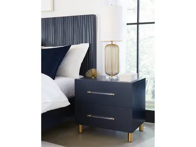 Argento Two Drawer USB Charging Nightstand in Navy Blue and Burnished Brass
