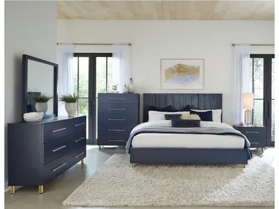 Argento Wave-Patterned Bed in Navy Blue and Burnished Brass - Alternative View
