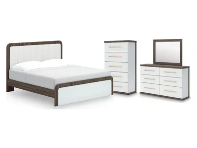 Kendanport King Upholstered Bed, Dresser, Mirror and Chest